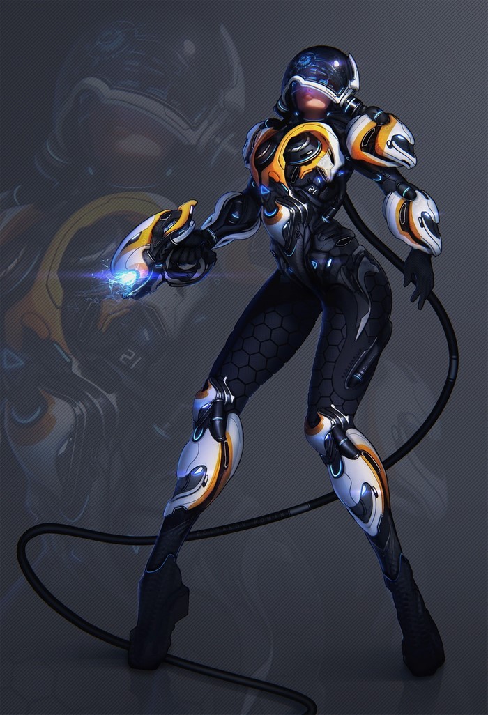 Woman in futuristic power suit holding a weapon