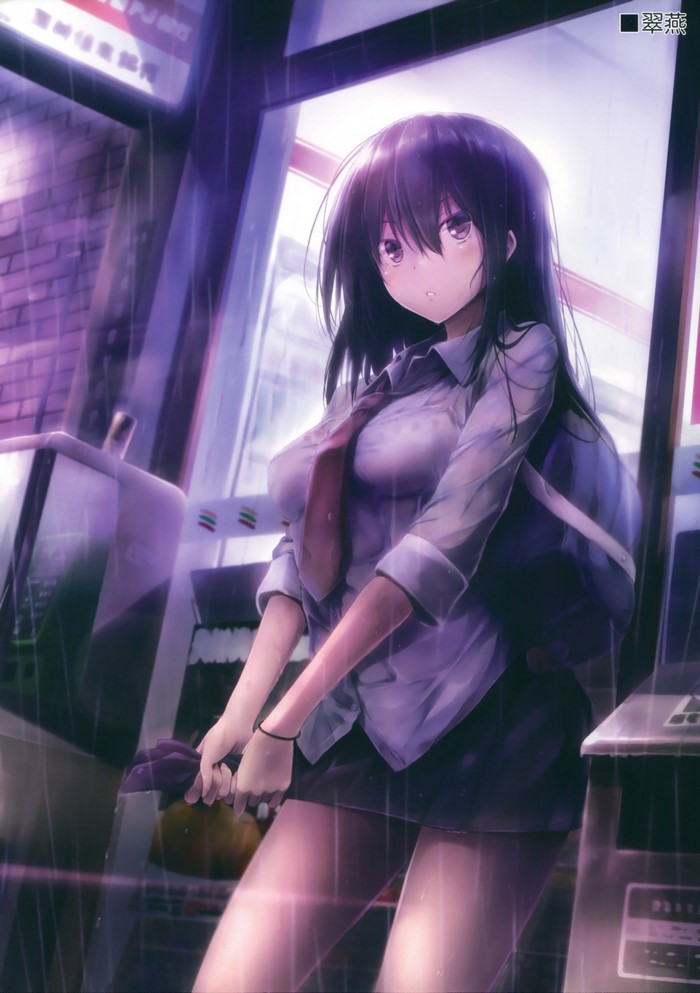 Anime girl in school uniform in the rain