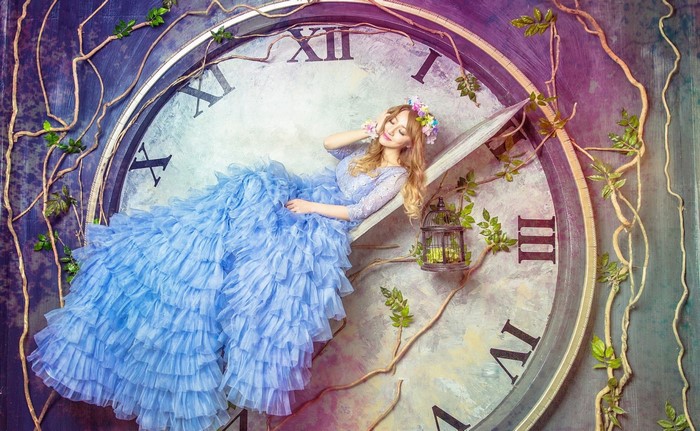 Fantasy Girl in Blue Dress on Giant Clock