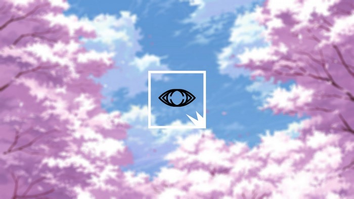 Anime sky with cherry blossoms and an eye logo