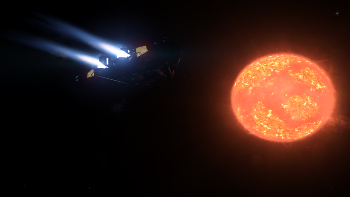 Cobra MKIII spaceship near a red giant star in Elite Dangerous