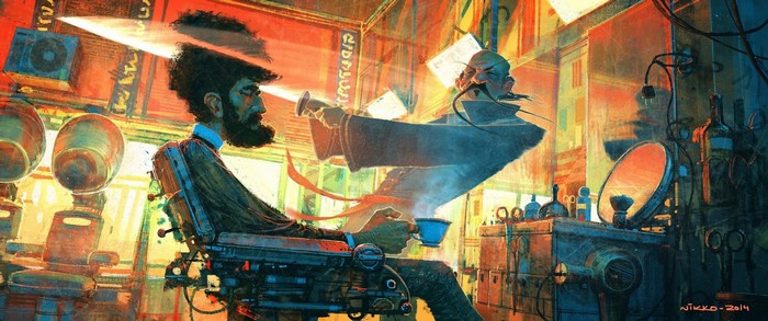 Barber shop scene with two men