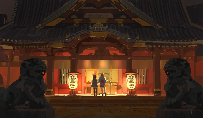 Two people at a Japanese shrine at night