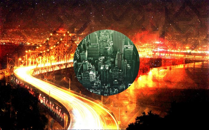 Cityscape at night with bridge and stars