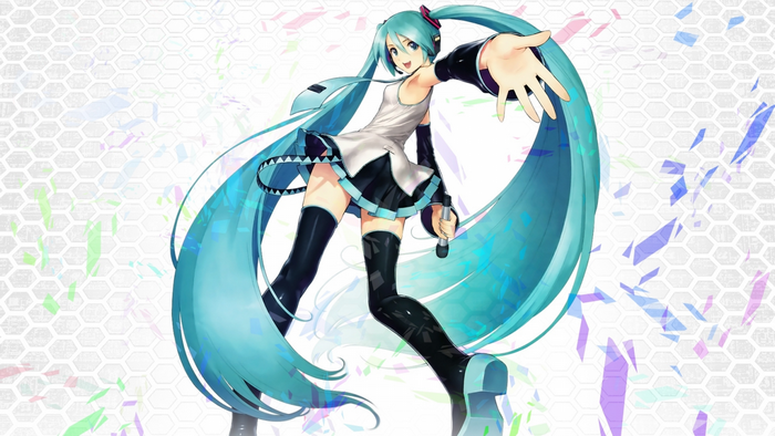 Hatsune Miku from Vocaloid holding a microphone