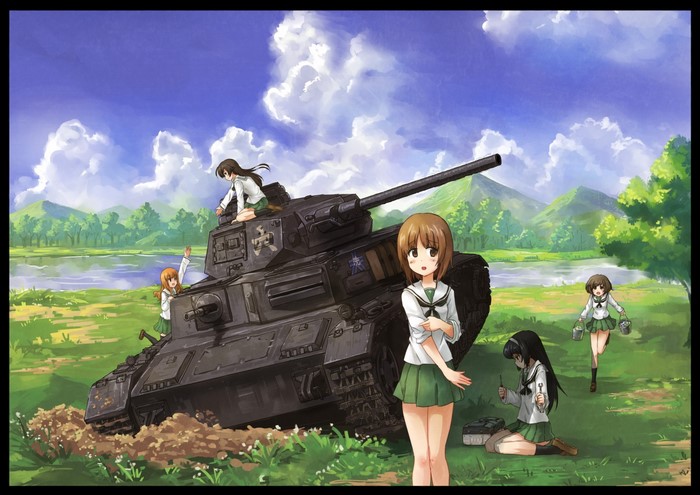 Girls und Panzer characters with a tank