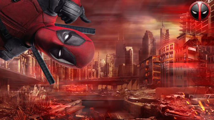 Deadpool in Ruined Cityscape with Swords