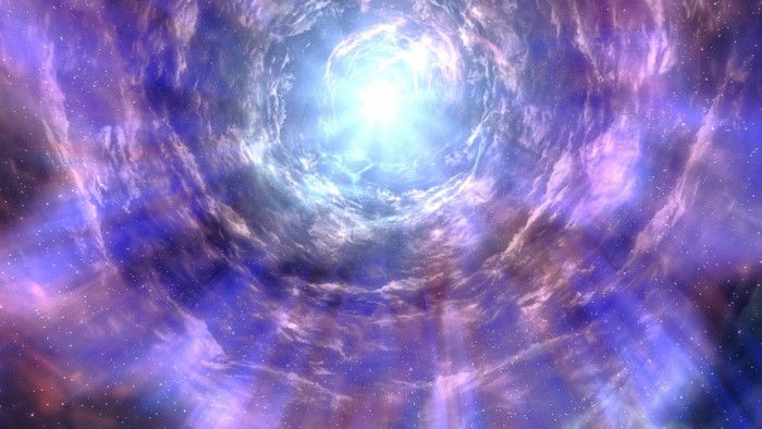 Tunnel of light in a nebula with stars