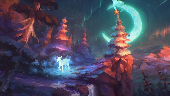 Fantasy forest with goat, Christmas tree, and crescent moon