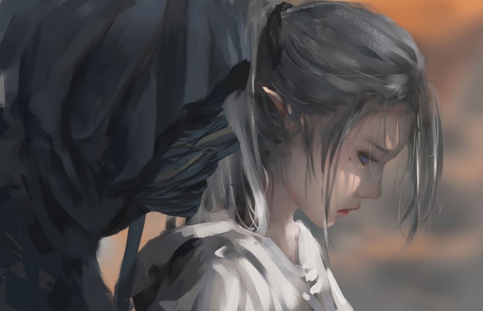 Fantasy art of an elf girl with dark creature