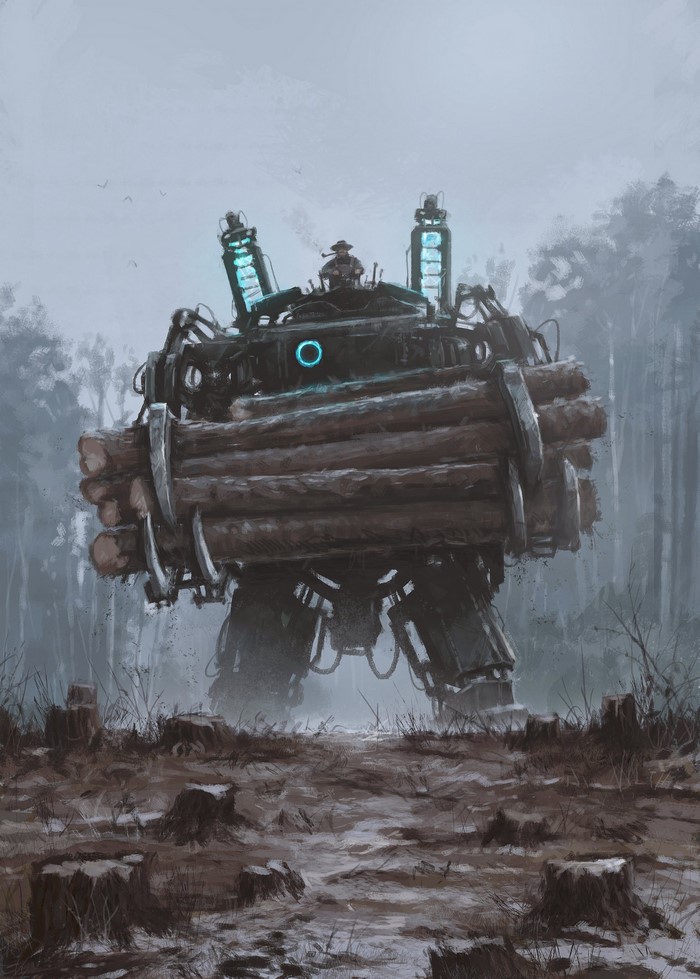 Giant logging mech in a foggy forest