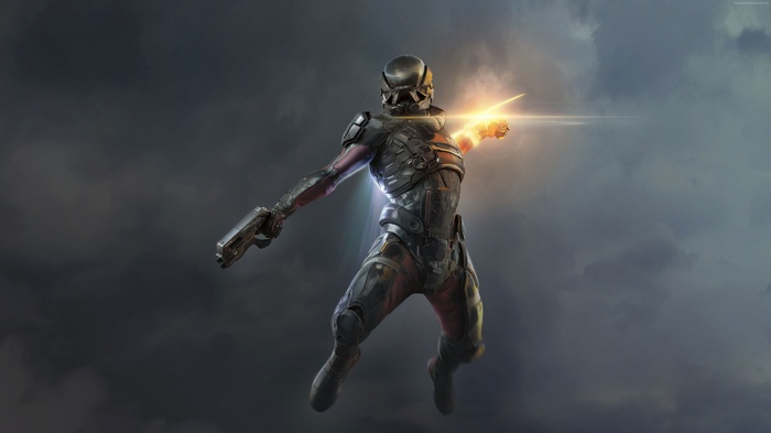 Soldier firing weapon in Mass Effect: Andromeda