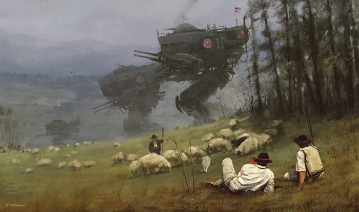 Giant mechs and shepherds in a misty landscape