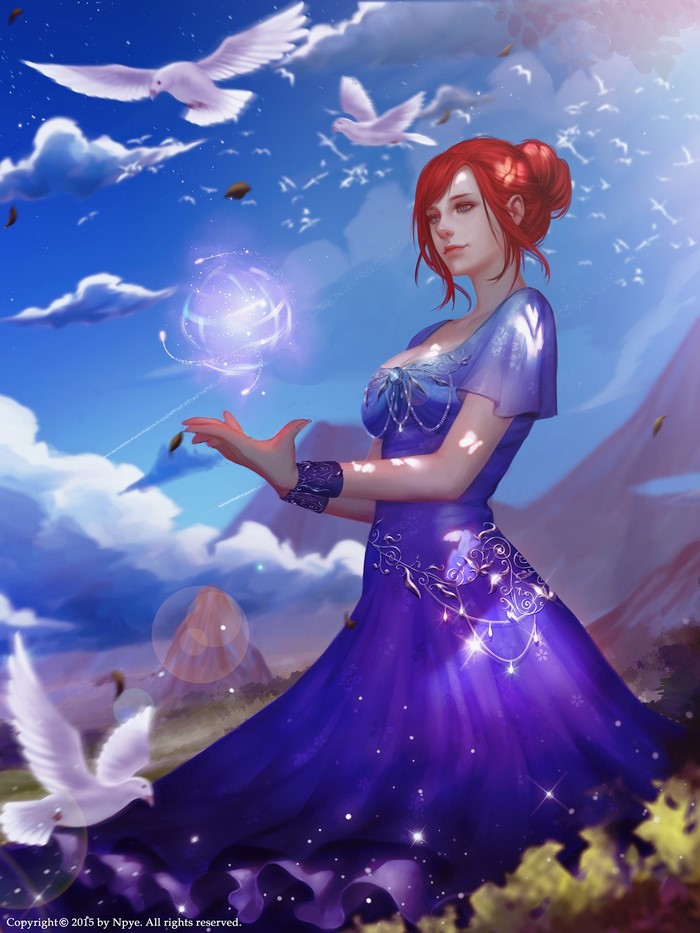 Fantasy woman with red hair conjuring magic with doves
