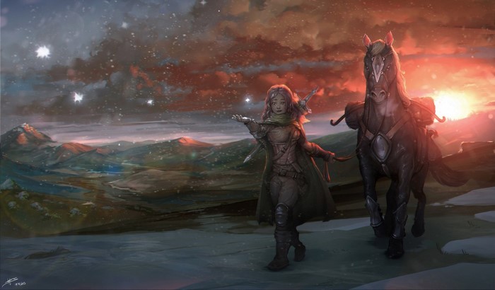 Fantasy art of a girl and horse at sunset