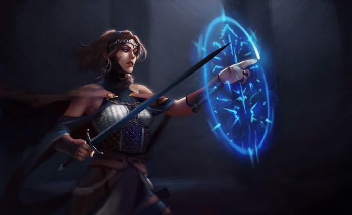 Fantasy warrior woman with sword and magic shield