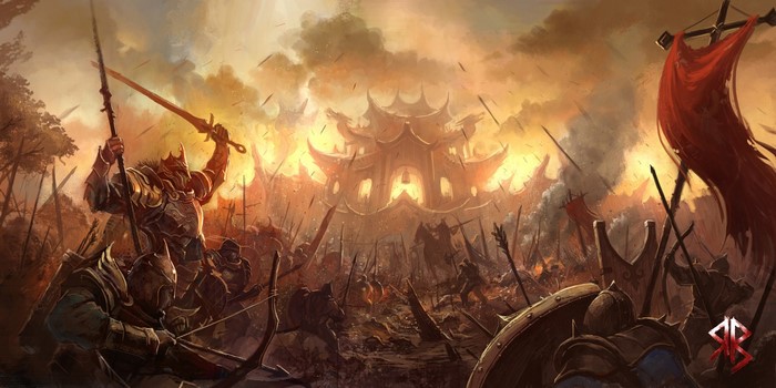 Fantasy battle scene with soldiers attacking a fortress