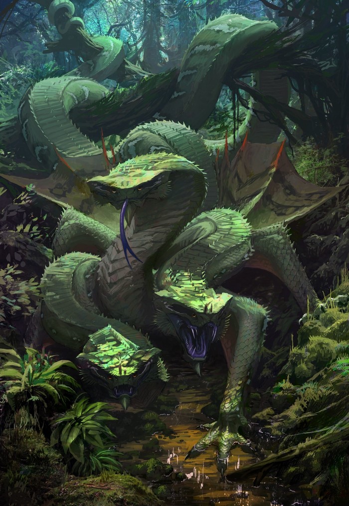 Fantasy art of a multi-headed green serpent dragon in a jungle swamp