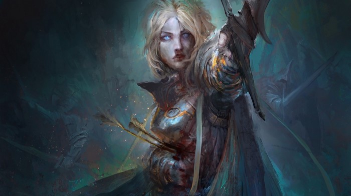 Woman warrior with arrows in armor