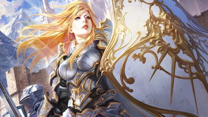 Fantasy female knight with golden shield and sword