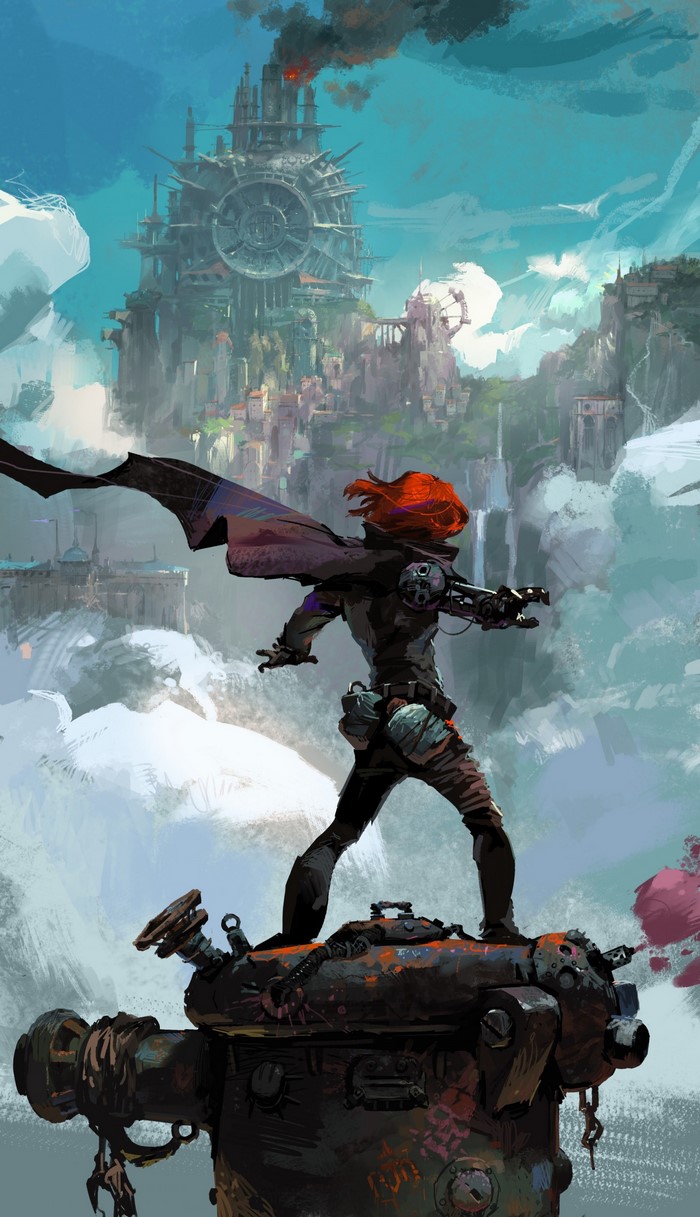 Woman with red hair on a steampunk machine overlooking a city