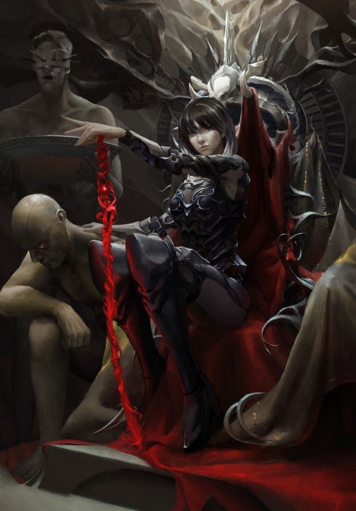 Fantasy art of a woman in armor with red thread