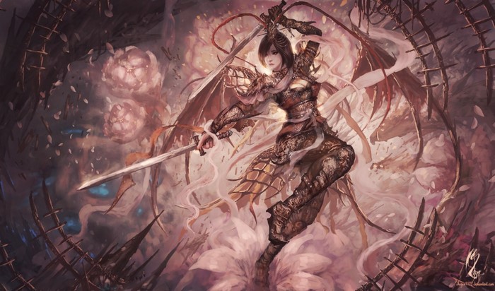 Fantasy warrior woman with swords and wings