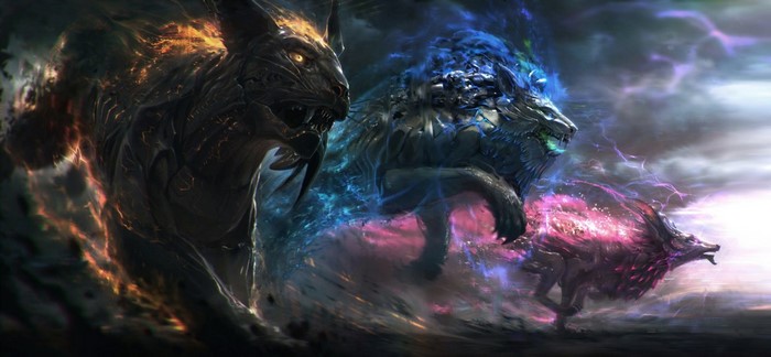 Three elemental wolves running through a stormy landscape