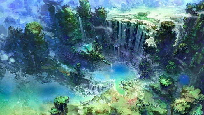 Fantasy landscape with waterfalls and a lake