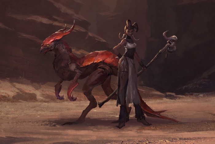 Fantasy art of a woman and a creature in a desert
