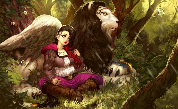 Girl and lion with wings in a forest