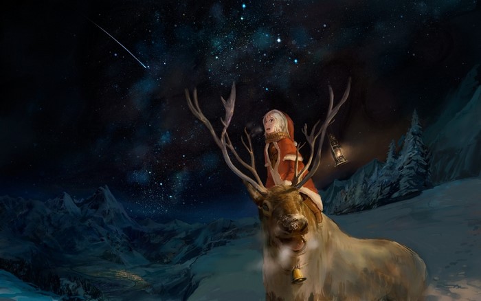 Girl in Santa outfit riding a reindeer under the stars