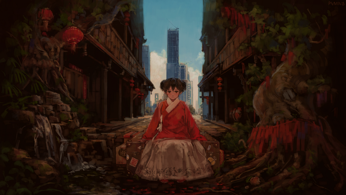 Girl in traditional clothing sitting on luggage in a street