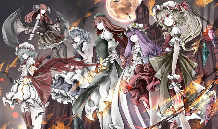 Touhou Sisters Gathering under a Fiery Moon