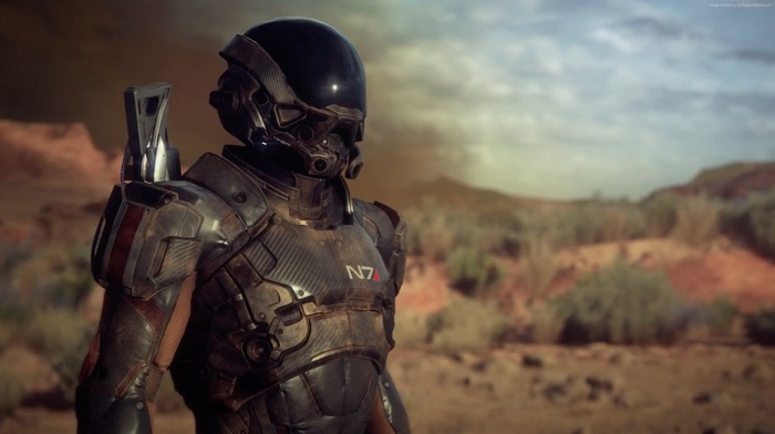 Commander Shepard from Mass Effect in a desert landscape