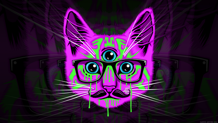 Psychedelic cat with glasses and mustache illustration