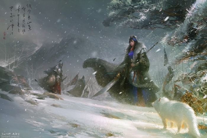 Fantasy art of warriors in a snowy landscape with a wolf