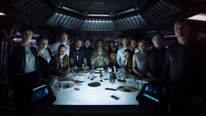 Cast of Alien: Covenant in a Last Supper scene