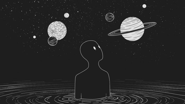 Illustration of a figure in water looking at planets and stars
