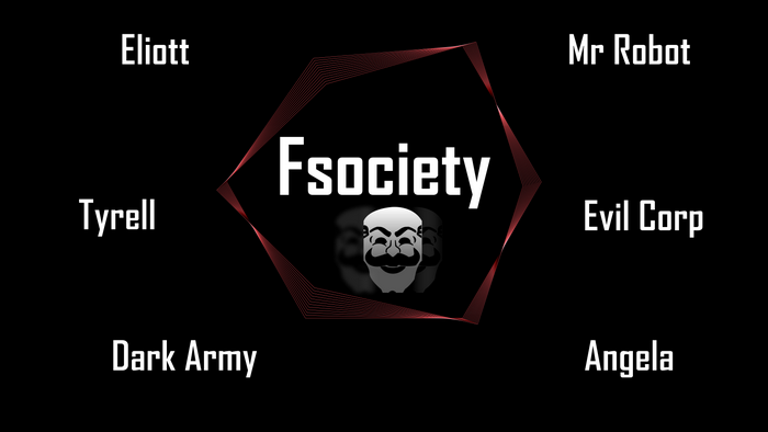 Fsociety logo with Mr Robot characters and brands