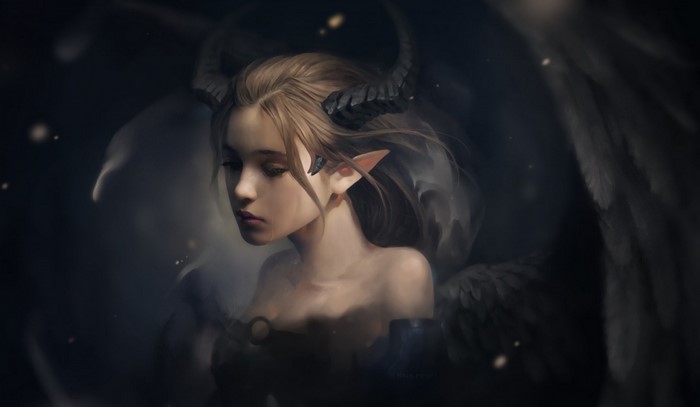 Fantasy art of a winged girl with horns