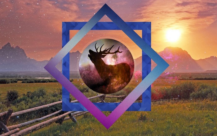 Deer silhouette in geometric frame against mountain sunset