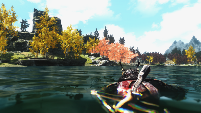The Elder Scrolls V Skyrim: Khajiit in a boat on a lake