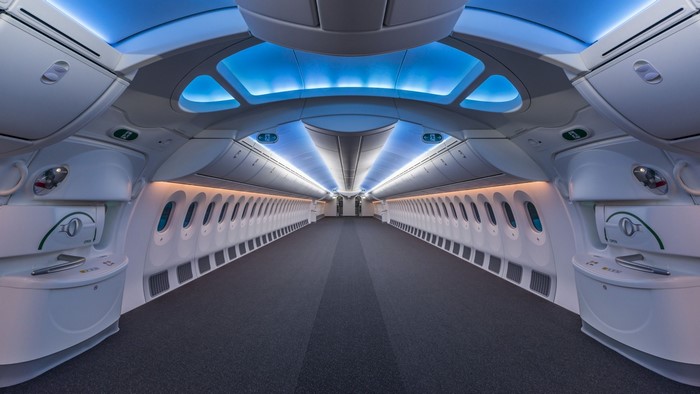 Interior of a modern Boeing 787 airplane cabin