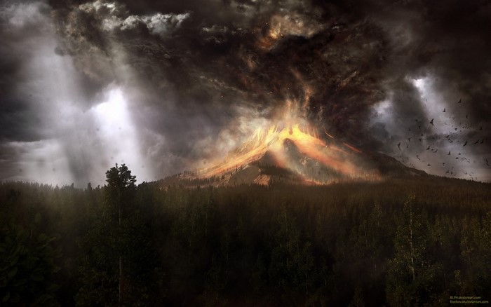 Volcano eruption over a forest with dark clouds
