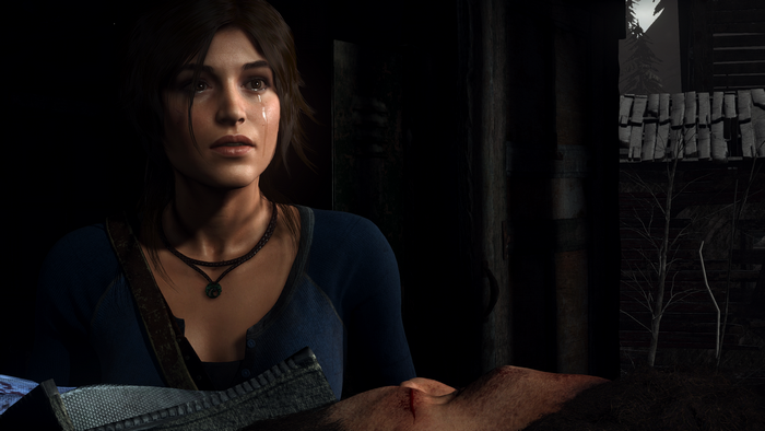 Lara Croft from Rise of the Tomb Raider crying