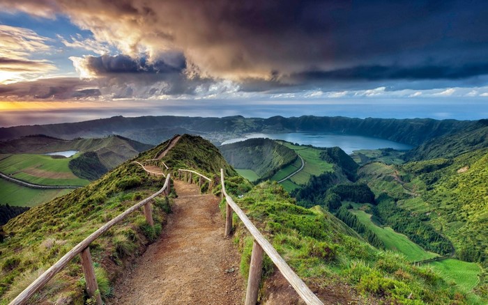 Scenic Pathway Overlooking Azores Lakes and Mountains