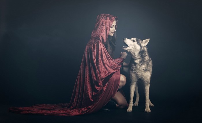 Woman in red hood with husky dog