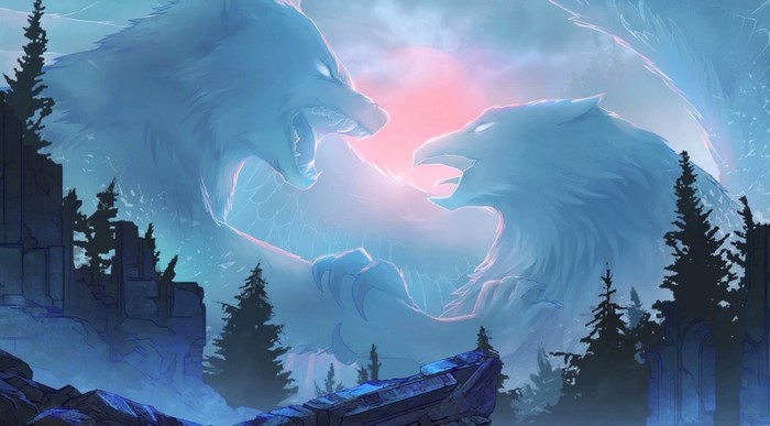 Fantasy art of a wolf and eagle fighting in ice