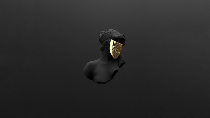Black bust with golden mask on dark background